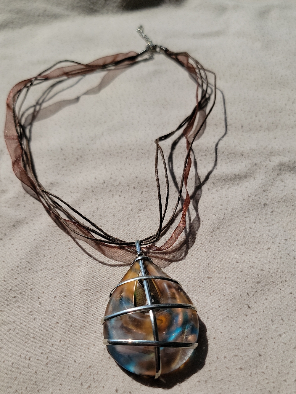 Handcrafted Brown and Blue Teardrop Glass Pendant Necklace